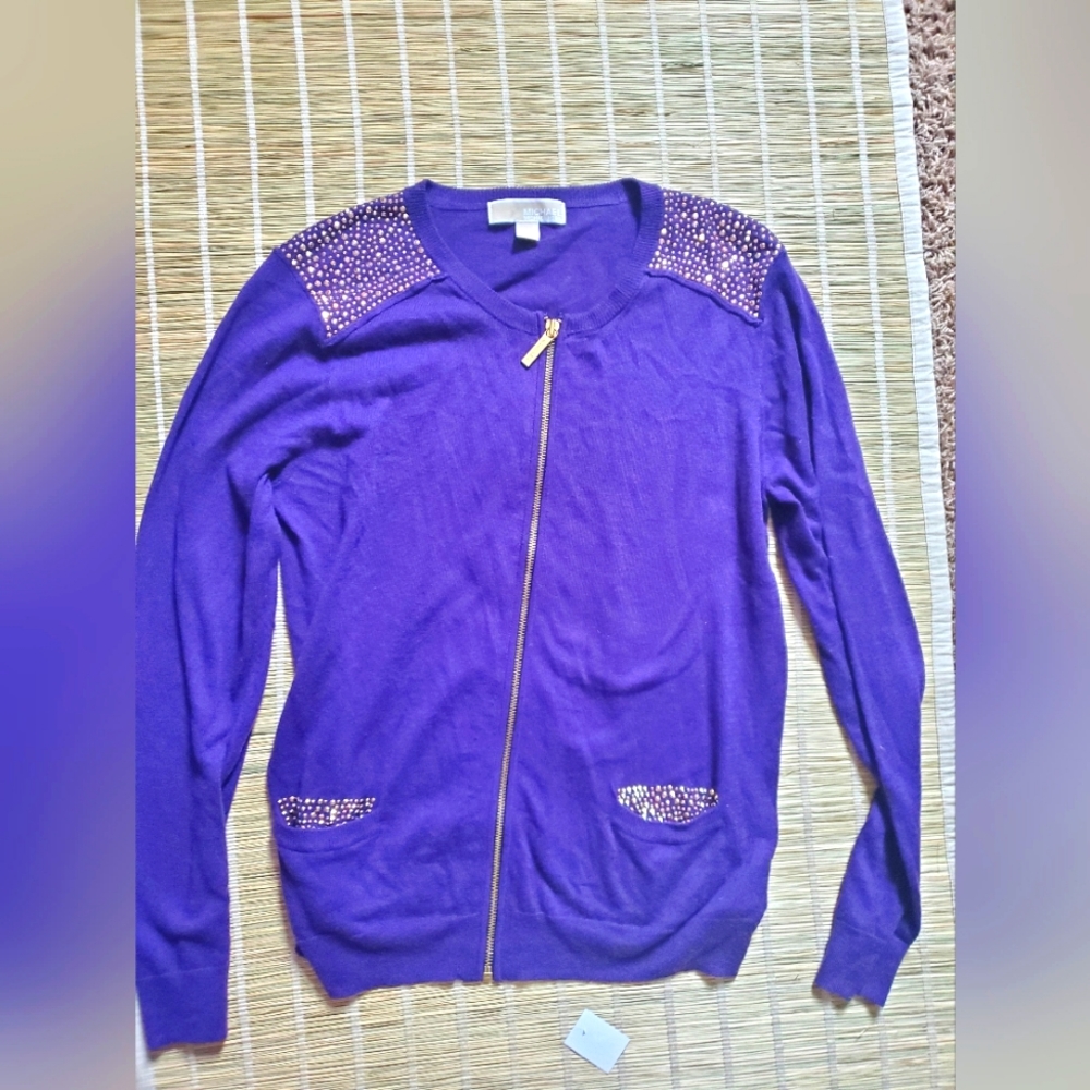Michael Kors Large Purple Cashmere Zip Up Cardigan